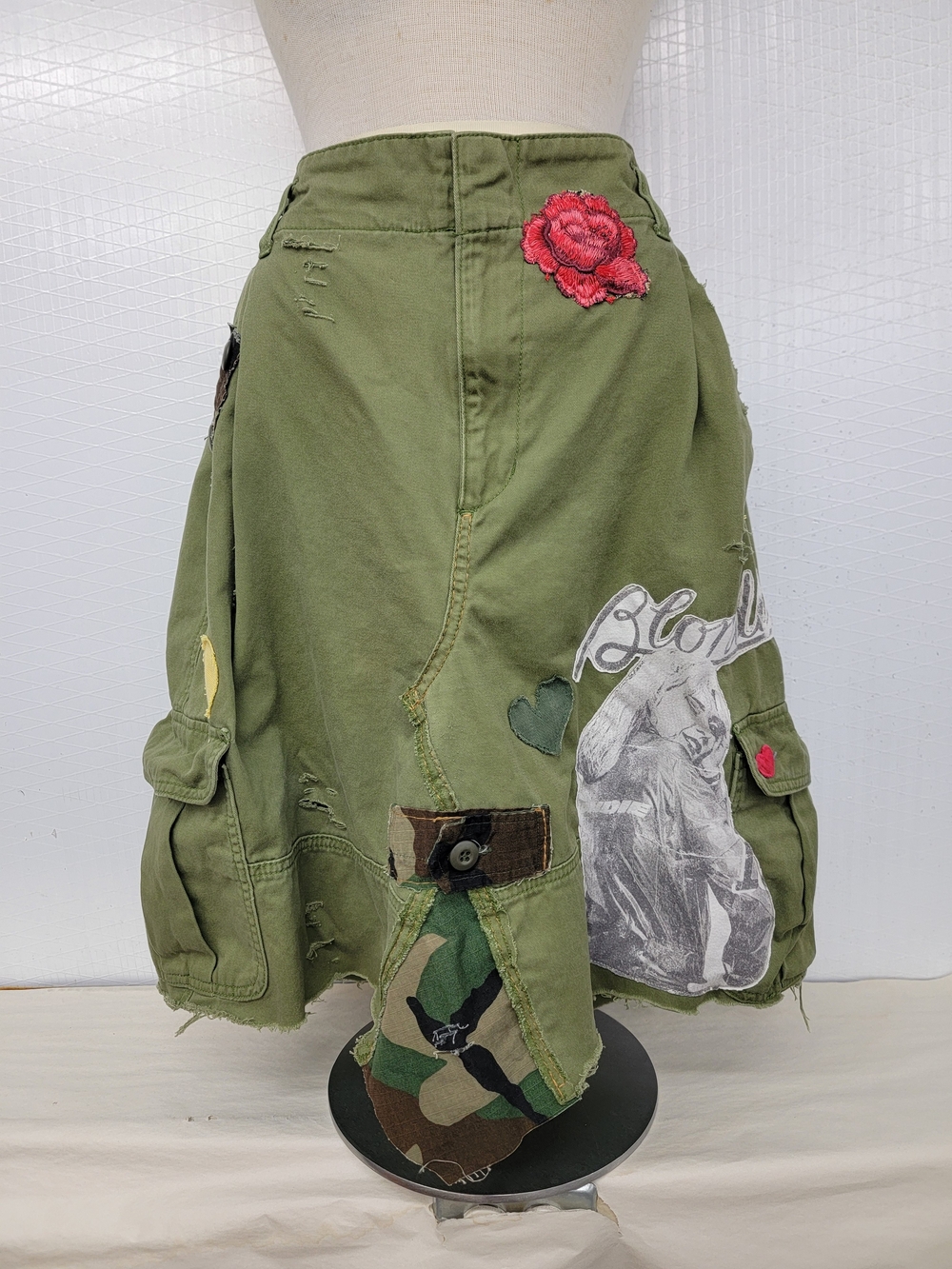 Blondie Olive Green Patchwork Cargo Skirt with Embroidered Rose-Upcycled